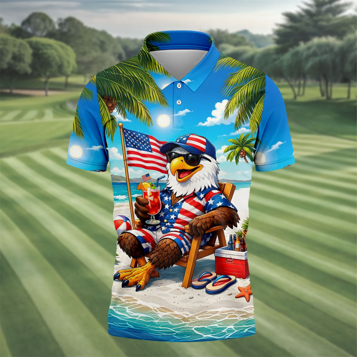 Funny Bald Eagle US Flag Pattern Hawaiian Golf Shirt, 250 Years Patriotic 4th Of July Golf Shirts For Men