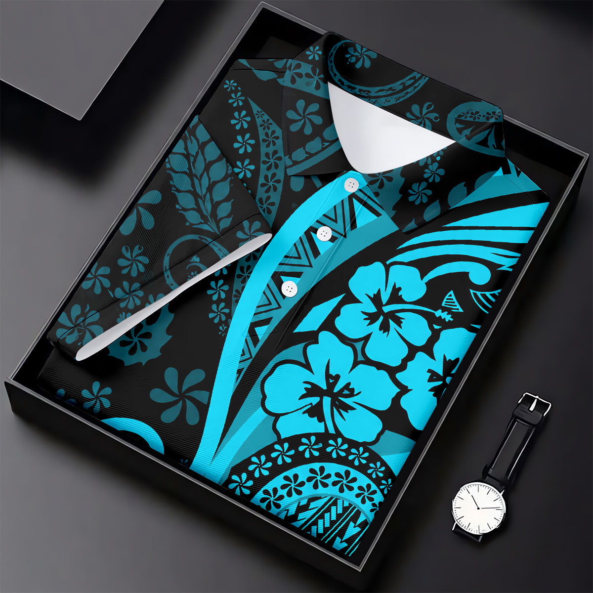 Island Tribal Golf Shirt, Blue Hawaiian Hibiscus Polo, Polo Shirts For Women