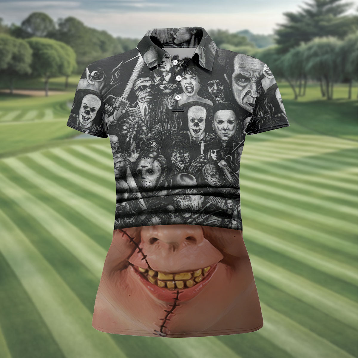Stitched Face Horror Character Halloween Polo Shirt, Golf Polo For Women, Ladies Golf Top