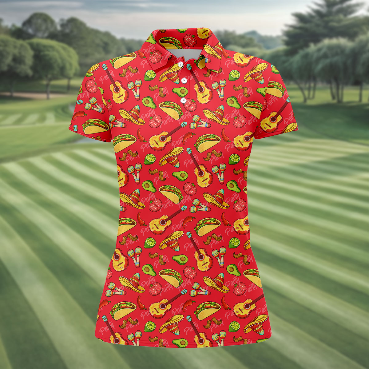 Mexican Party Seamless Pattern Red Ladies Golf Tops, Cinco De Mayo Celebration Golf Shirt For Women