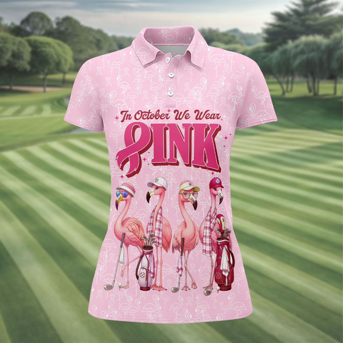 In October We Wear Pink Flamingo Breast Cancer Polo, Ladies Golf Shirts, Womens Golf Tops