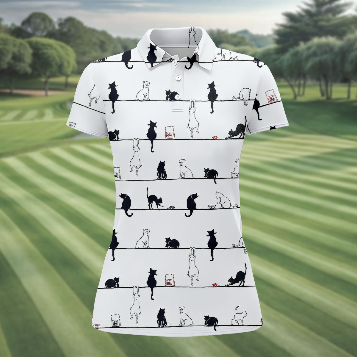 Cute Black and White Cats Pattern Golf Shirt, Women's Golf Tops, Golf Shirts For Women