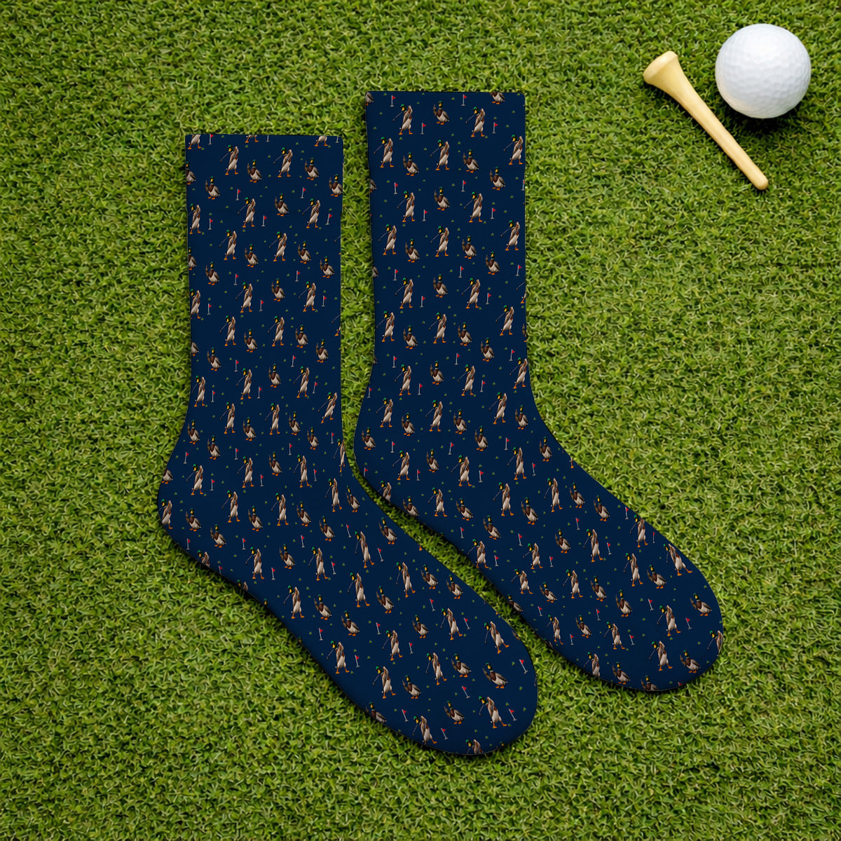 Funny Mallard Duck Golf Socks, Waterfowl Golf Pattern Sock, Gift For Duck Hunting & Golf Lovers