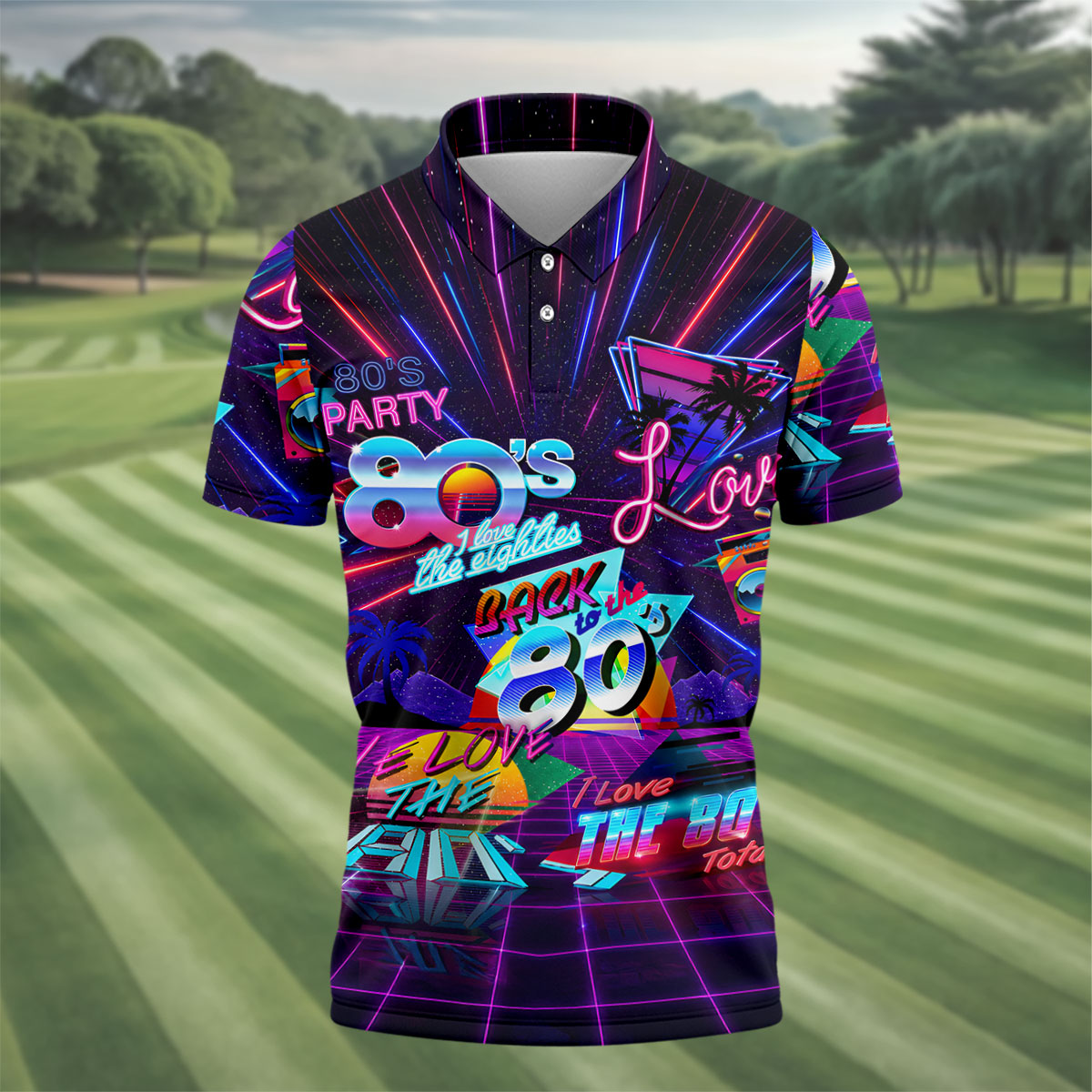 80s Retro Party Golf Shirt, Neon Synthwave Sunset Pattern, Golf Shirt For Men
