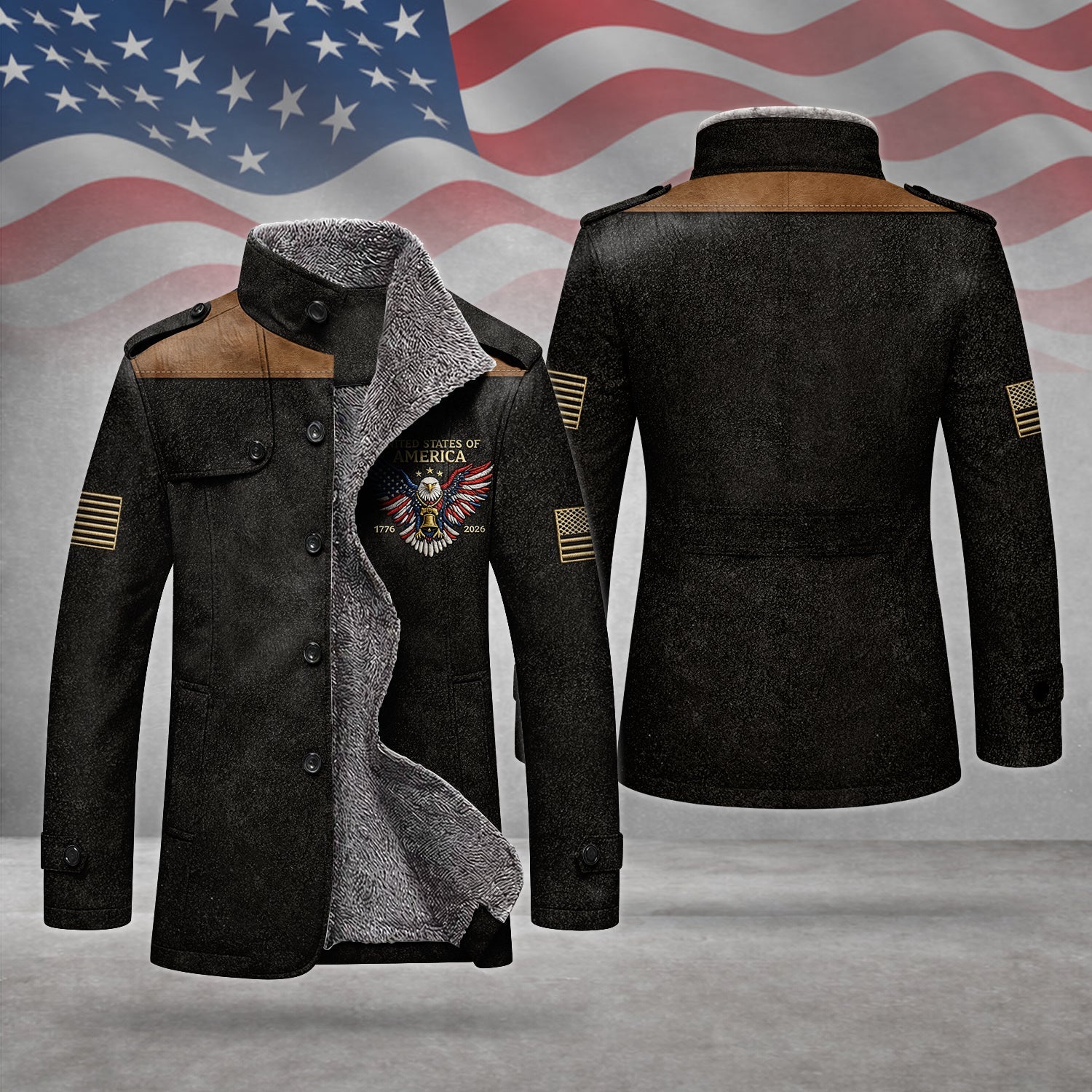250 Years Red White Blue USA Bald Eagle Men's Cold Premium Weather Jacket, Leather Trench Coat