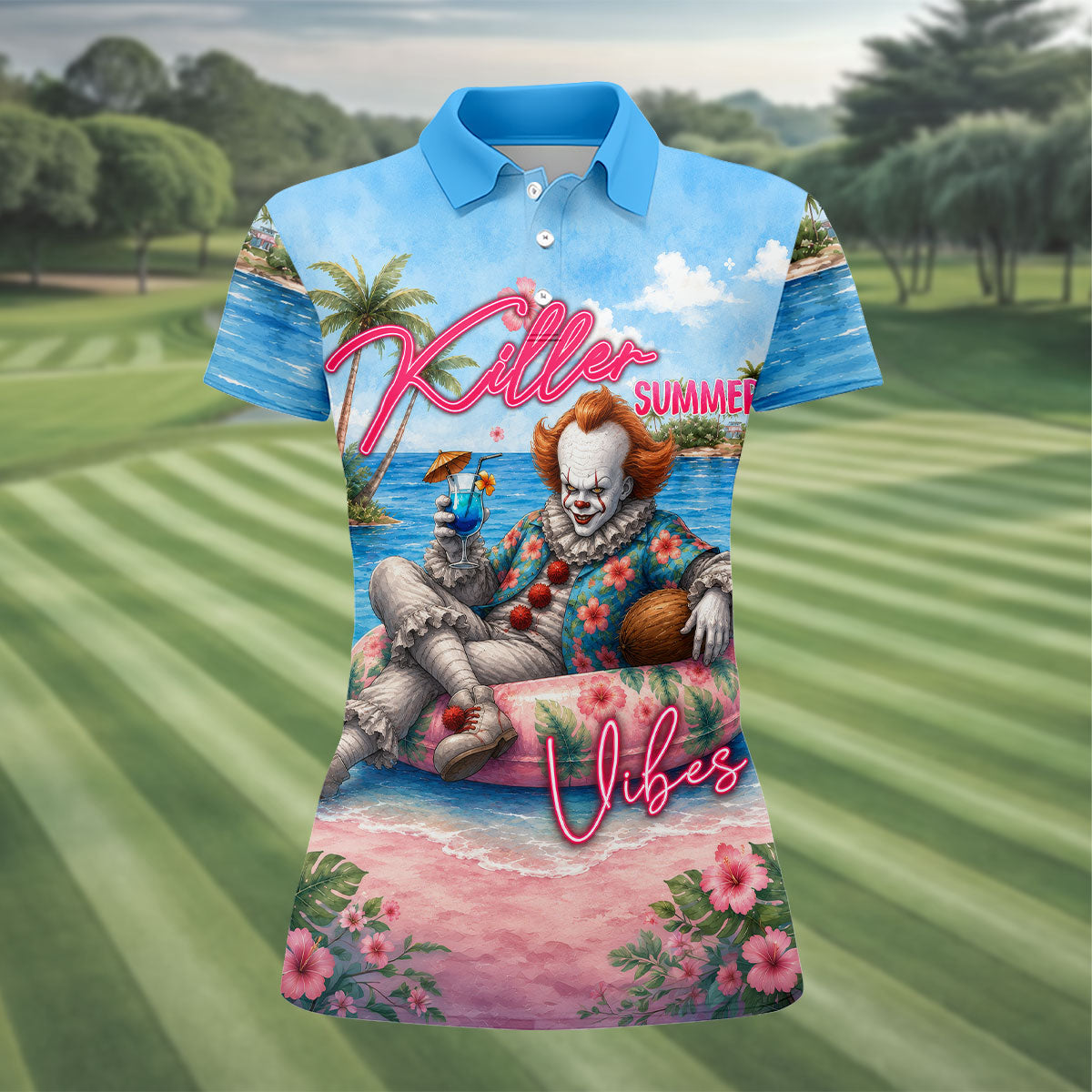Killer Summer Vibes Scary Clown Golf Polo Shirt, Women's Golf Polo, Golf Tops For Women