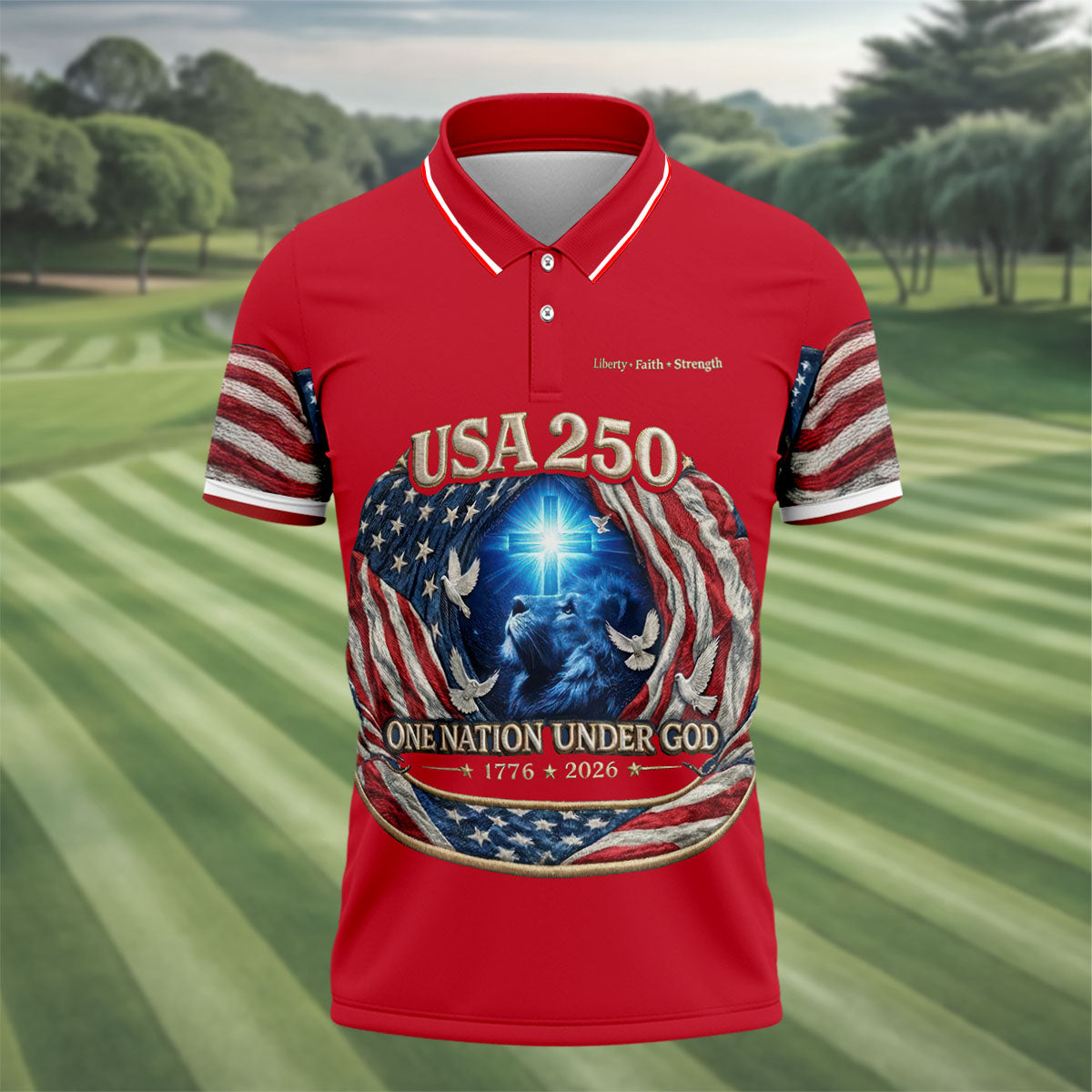 One Nation Under God Faith Cross USA 250 Red Golf Shirt, 4th Of July Golf Shirts For Men