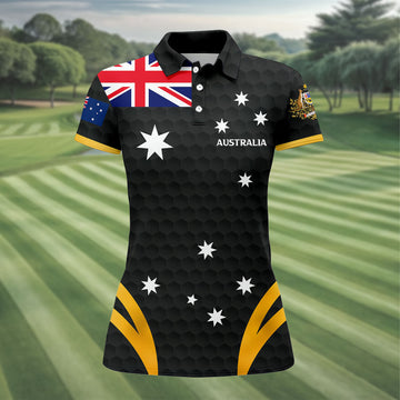Australia Flag Print Golf Ball Pattern Black Golf Shirt, Australian Symbol Golf Shirt For Women