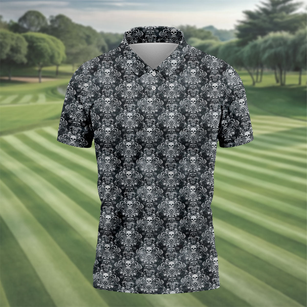 Skull Damask Charcoal Grey Gothic Floral Golf Tops For Men, Polo Shirts For Men, Golf Shirts For Men