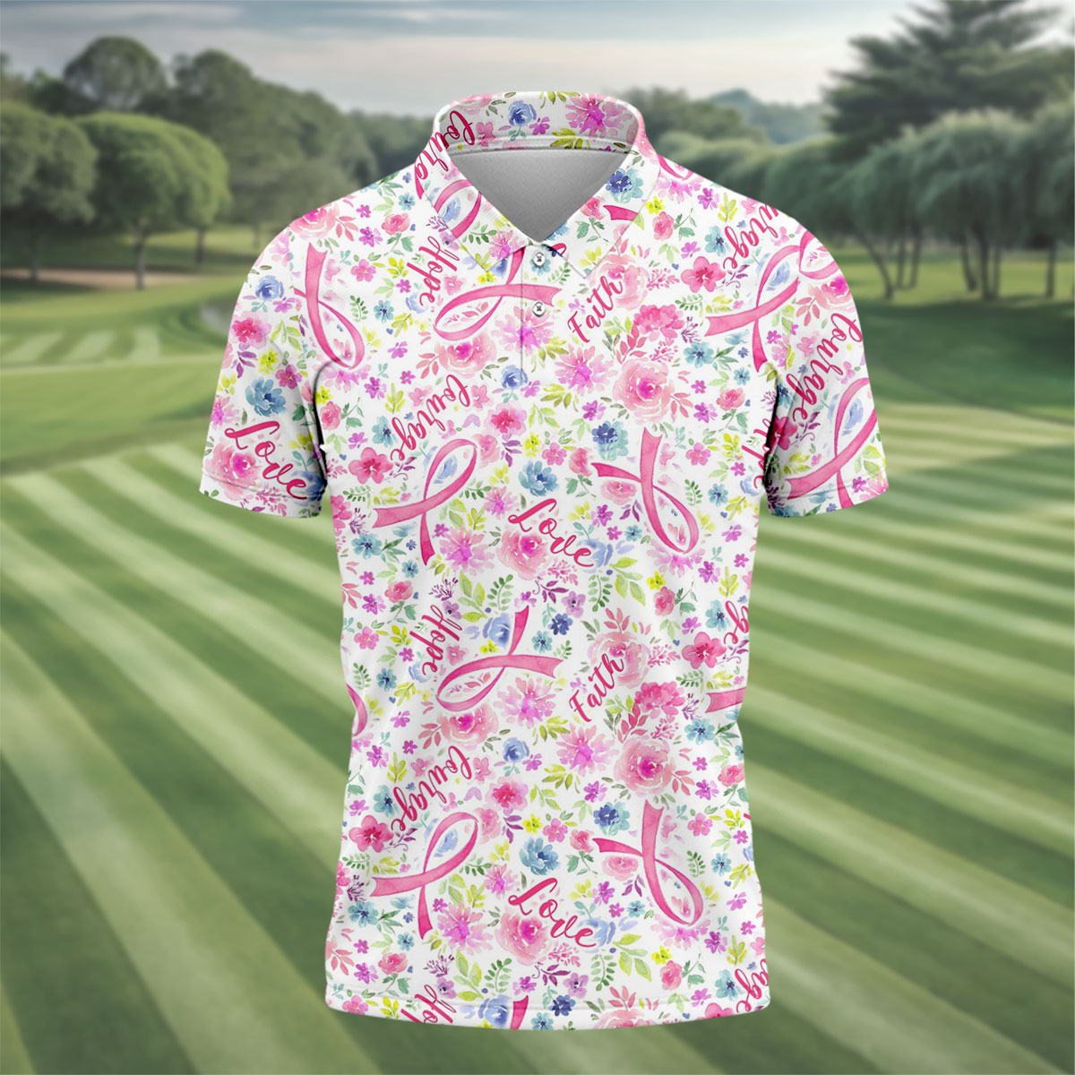 Faith Hope Love Floral Breast Cancer Polo Shirt, Golf Shirts For Men, Printed Golf Shirts