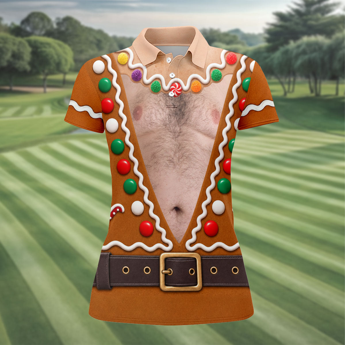Funny Christmas Gingerbread Costume Polo Shirt, Ladies Golf Top, Women’s Golf Apparel