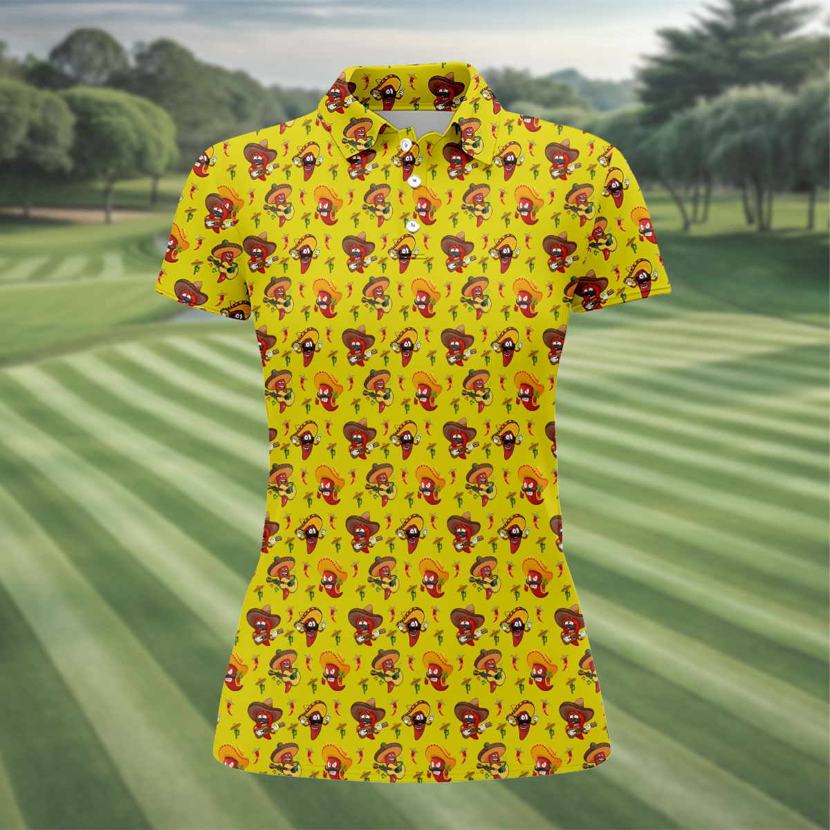 Cartoon Chili Pepper Mexican Sombrero Cinco De Mayo Celebration Fiesta Themed Golf Shirt For Women