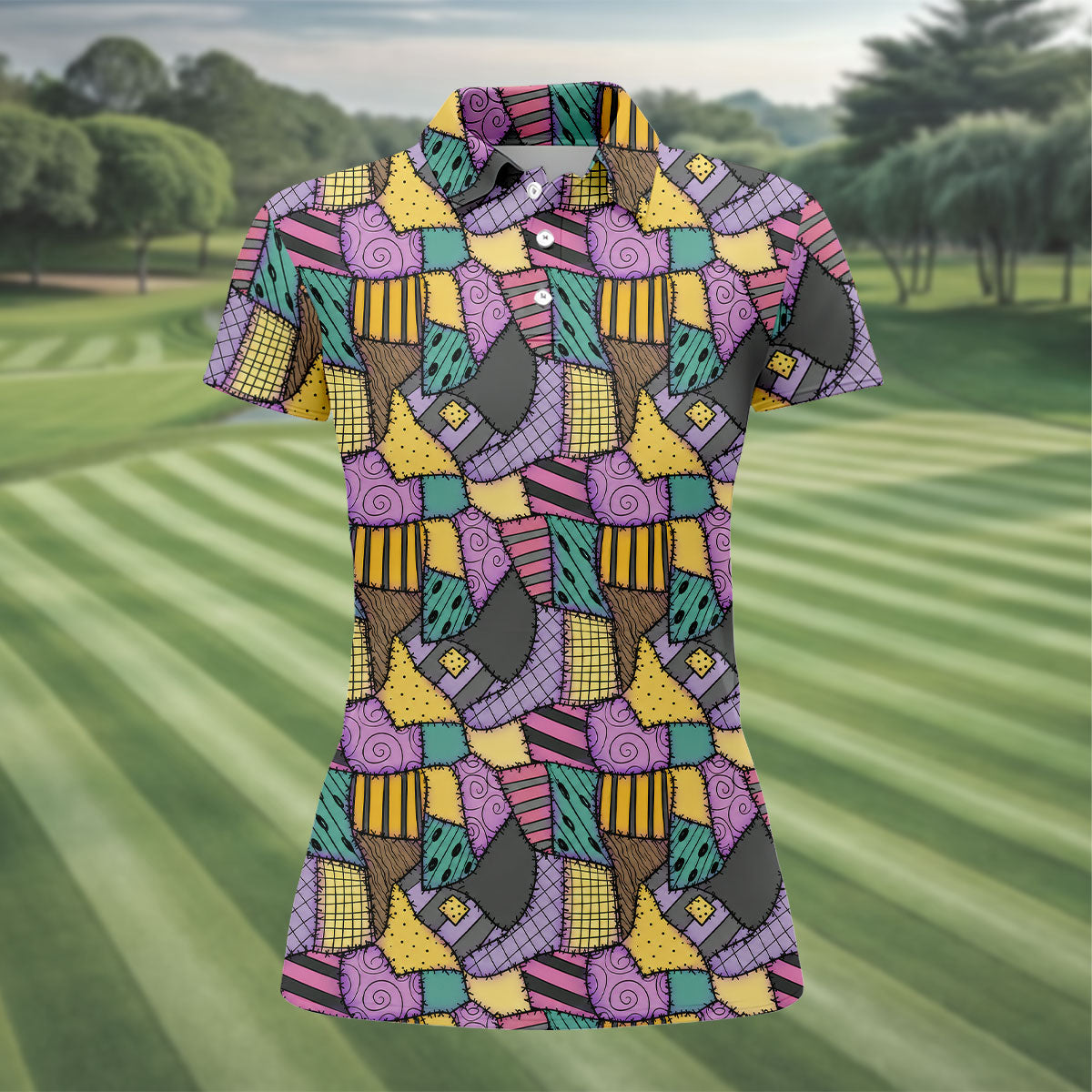 Halloween Patchwork Pattern Golf Polo Shirt, Women's Golf Tops, Golf Polo For Women