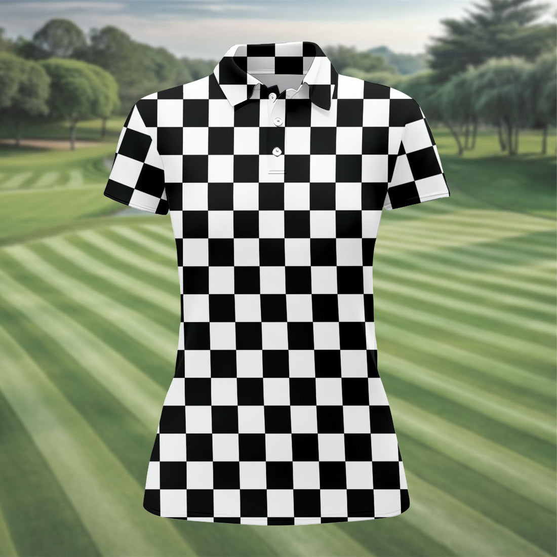 Black White Checkerboard Golf Shirt, Racing Flag Women's Golf Polo, Polo Shirts For Women