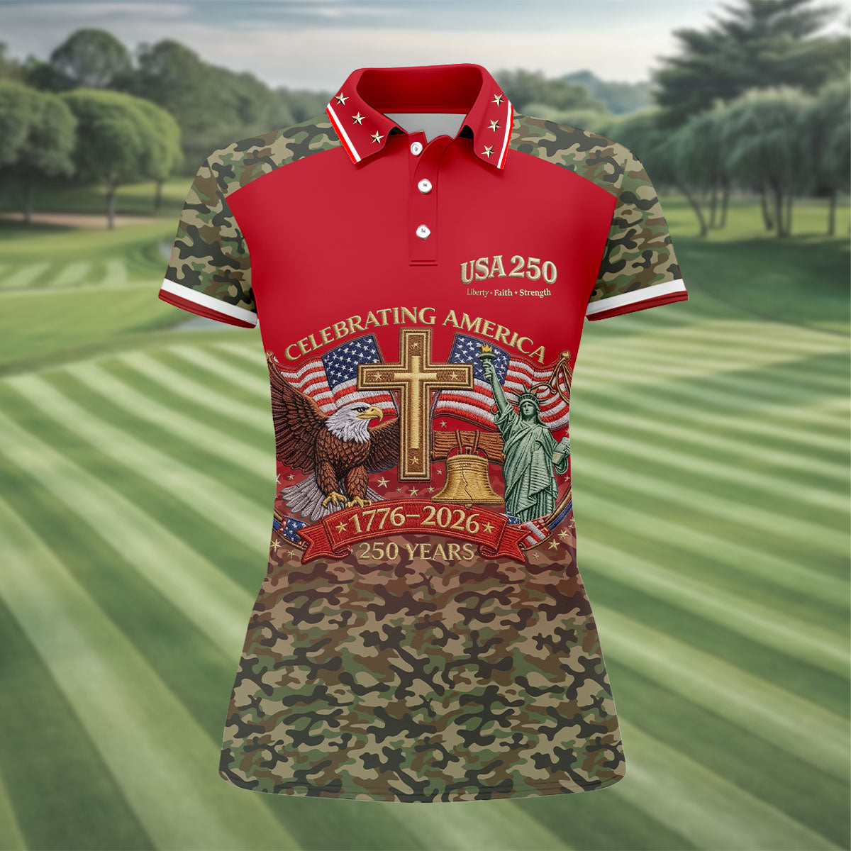 Liberty Faith Strength Faith Cross USA 250 Red Camo Golf Shirt, 4th Of July Golf Shirt For Women