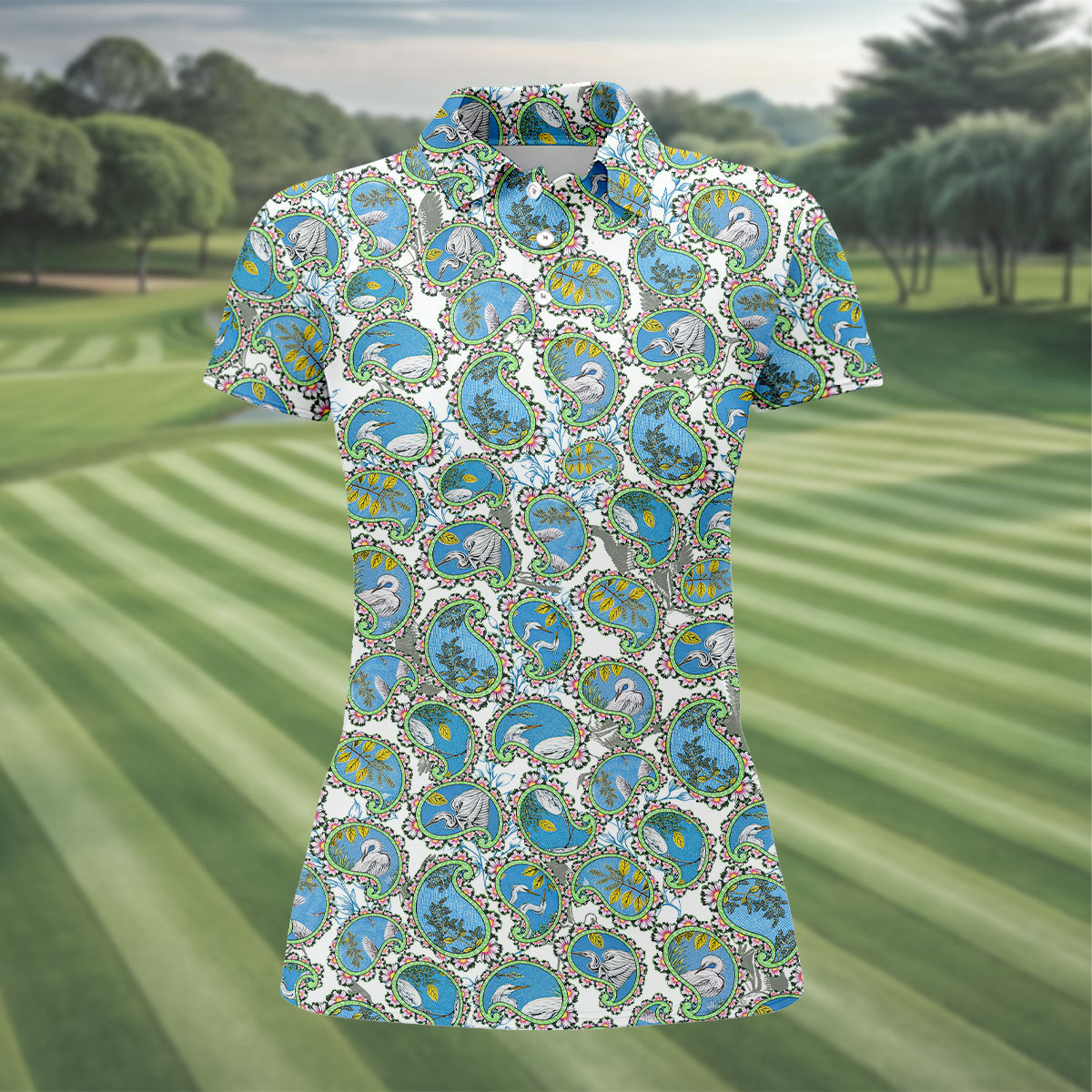 Paisley Flowers Heron Painting Print Golf Shirt, Ladies Golf Shirts, Golf Shirt For Women