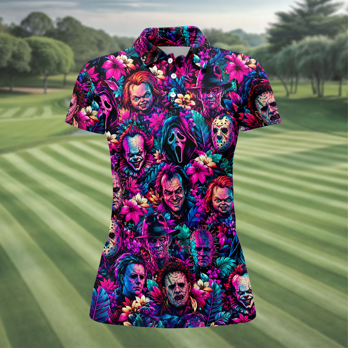 Neon Floral Horror Character Halloween Golf Shirt, Golf Shirts For Women, Women's Golf Apparel