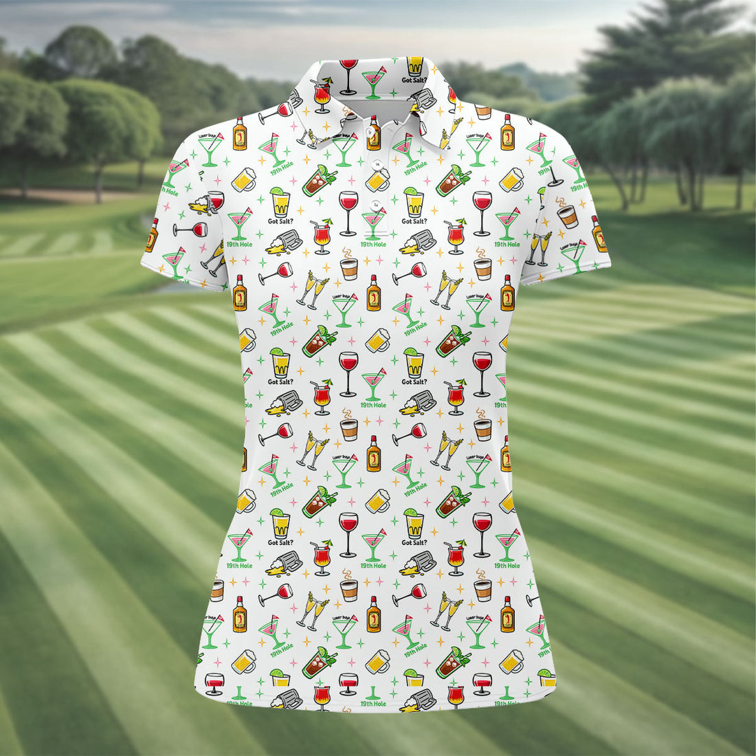 19th Hole Cocktail Drinks Pattern Golf Shirt, Women’s Golf Polo, Golf Shirts For Women