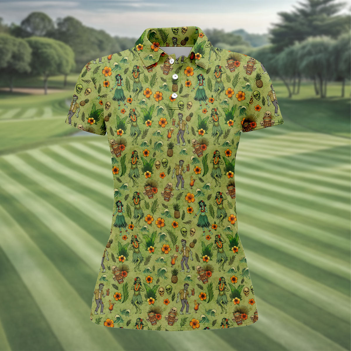 Tiki Zombie Hawaiian Golf Shirt, Hula Dancer Skull Pattern, Polo Shirts For Women
