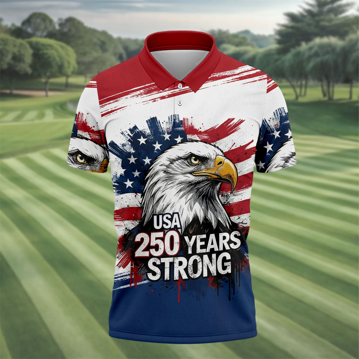 USA 250 Years Strong Bald Eagle American Flag Golf Shirt, Patriotic 4th Of July Golf Shirts For Men