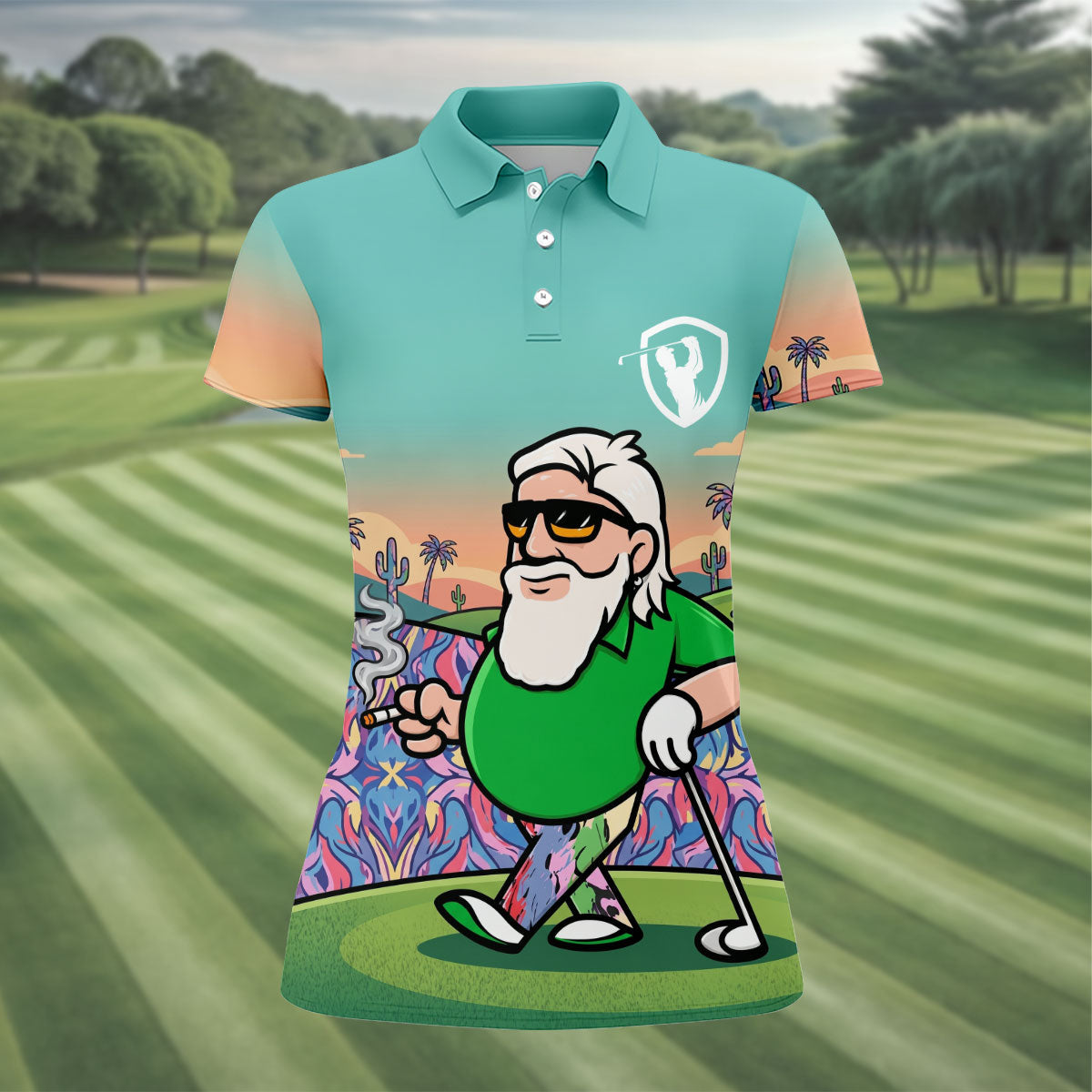 Retro Desert Bearded Golfer Women's Golf Tops, Golf Polo For Women, Women’s Golf Apparel