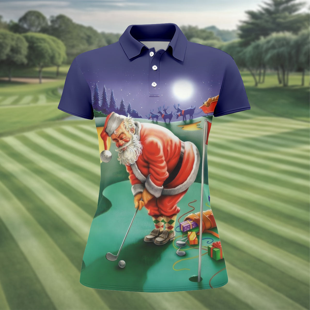 Women's Santa Night Golf Scene Golf Shirt, Christmas Golf Shirt, Women’s Golf Apparel