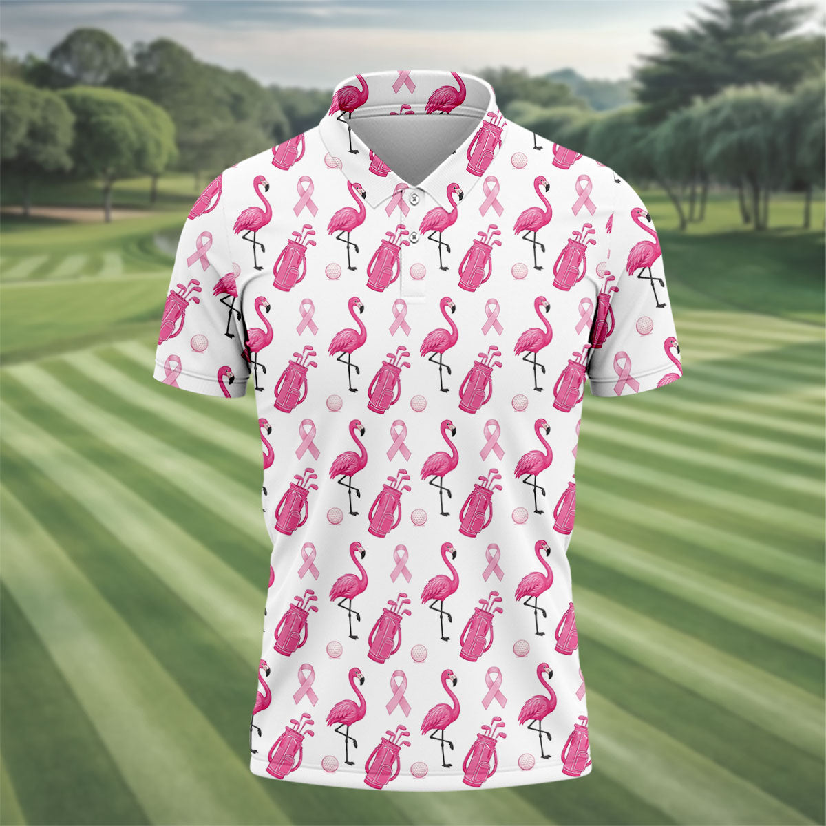 Pink Flamingo Golf Bag Breast Cancer Polo Shirt, Men's Golf Shirt, Printed Golf Shirts
