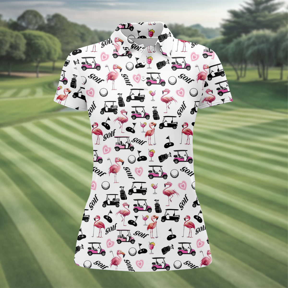 Pink Flamingo Golf Cart Martini Hawaiian Golf Shirt, Women’s Golf Polo, Ladies Golf Shirts