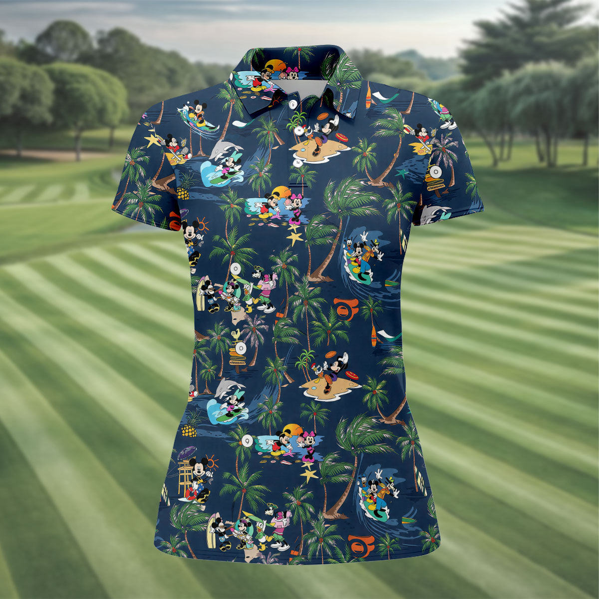 Cartoon Tropical Surf Beach Golf Polo Shirt, Golf Shirts For Women, Women’s Golf Polo