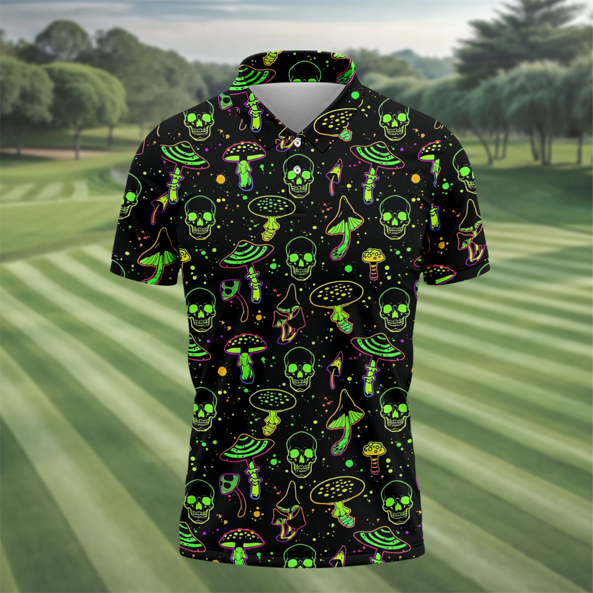 Mushroom And Skull Neon Pattern Hawaiian Golf Shirt, Men's Funny Golf Shirts