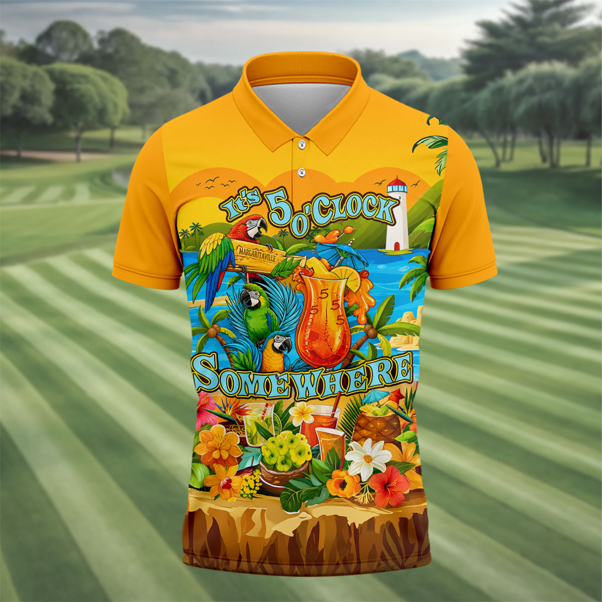 Golden Tropical Parrot Beach Cocktail Golf Polo Shirt, Men's Golf Shirt, Golf Polo Shirts For Men