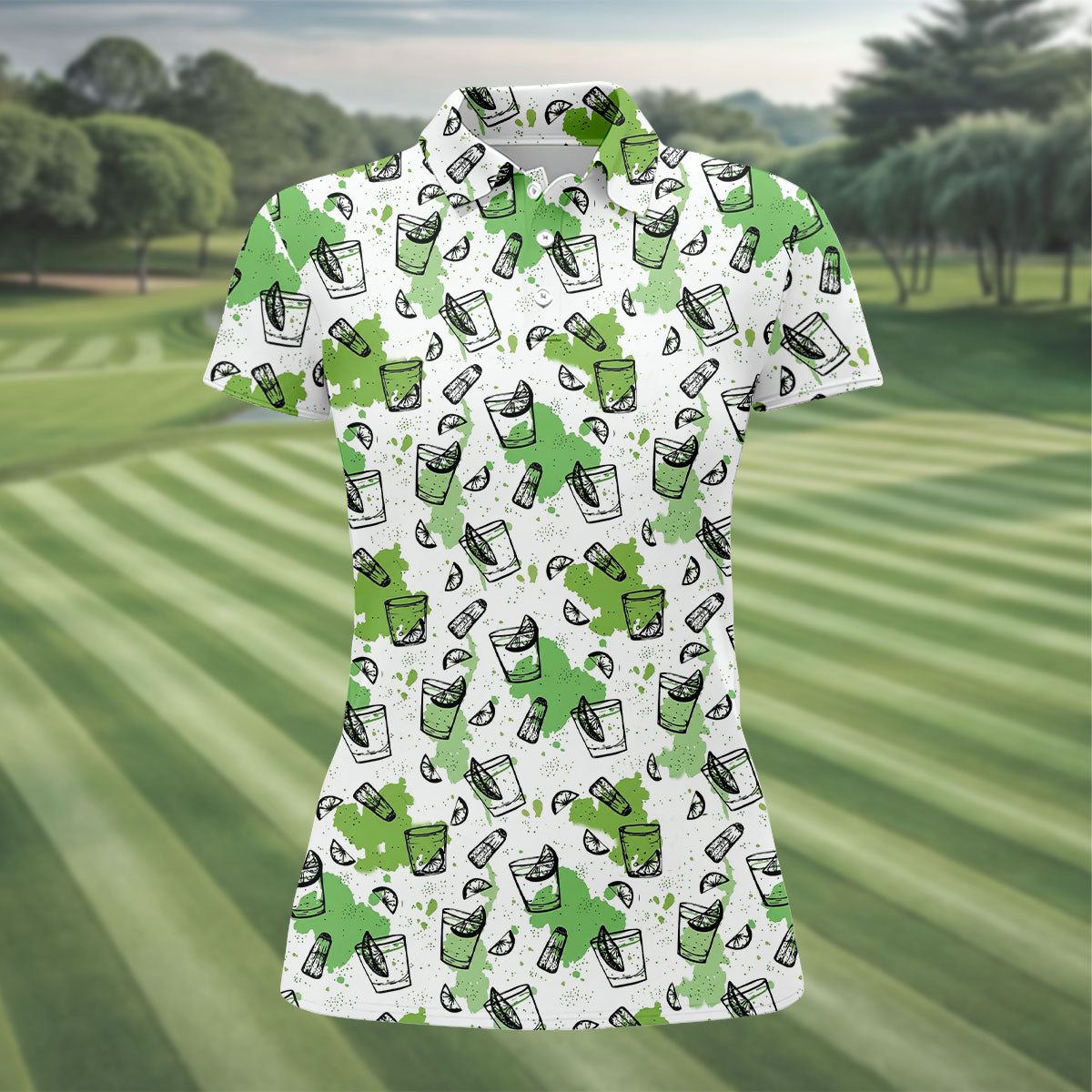 Green Cocktail Splash Pattern Golf Shirt, Ladies Golf Top, Hawaiian Golf Shirt, Women’s Golf Apparel