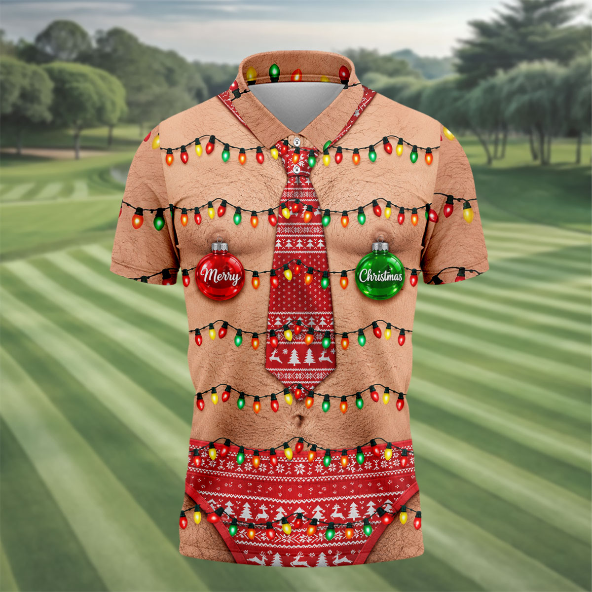 Funny Merry Christmas Lights Tie Polo Shirt, Printed Golf Shirts, Golf Shirts For Men