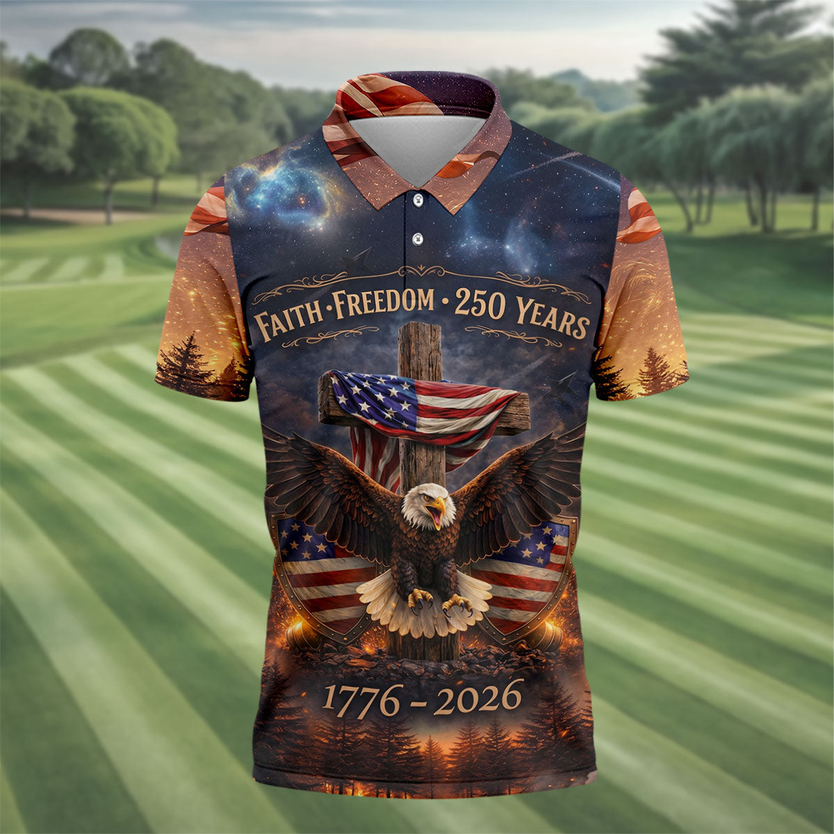 Faith Freedom 250 Years Galaxy Pattern US Flag Golf Shirt, Patriotic 4th Of July Golf Shirts For Men