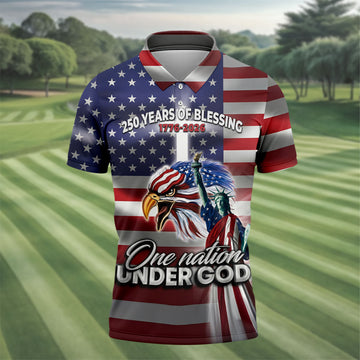 One Nation Under God 250 Years Of Blessing US Flag Golf Shirt, 4th Of July Golf Shirts For Men