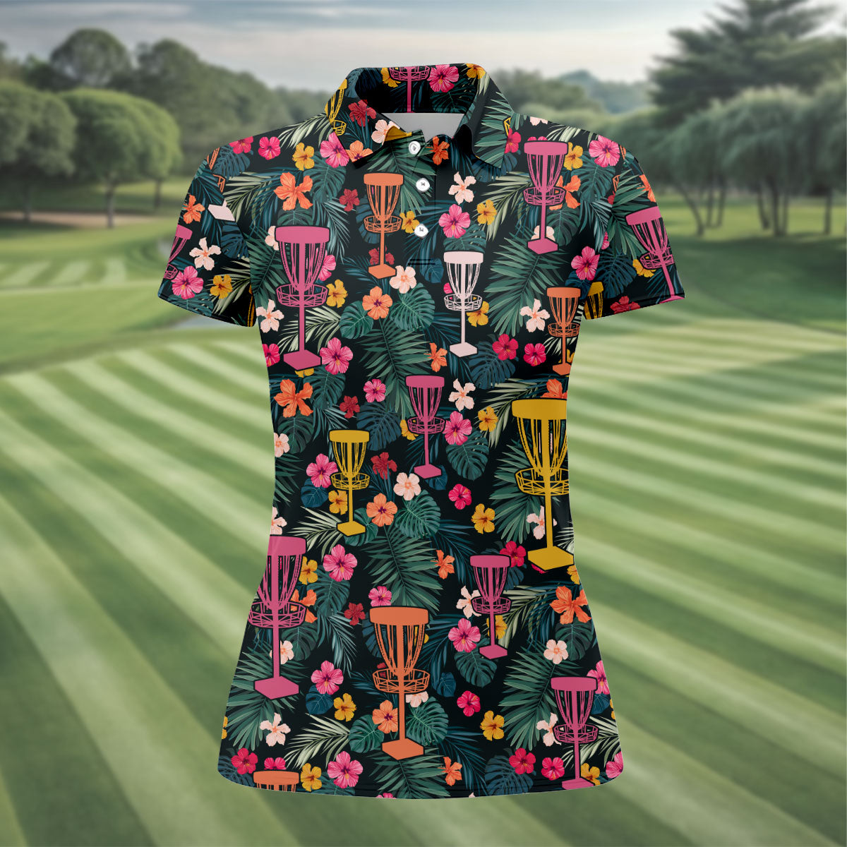 Dark Tropical Disc Golf Basket Polo Shirt, Women’s Golf Tops, Golf Polo For Women