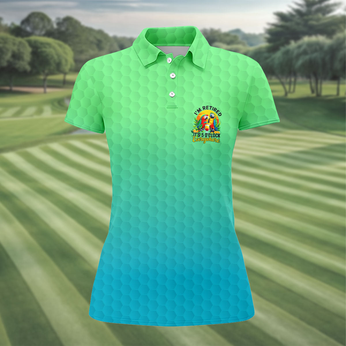 Tropical Retired Parrot Cocktail Golf Polo Shirt, Ladies Golf Shirts, Women's Golf Apparel