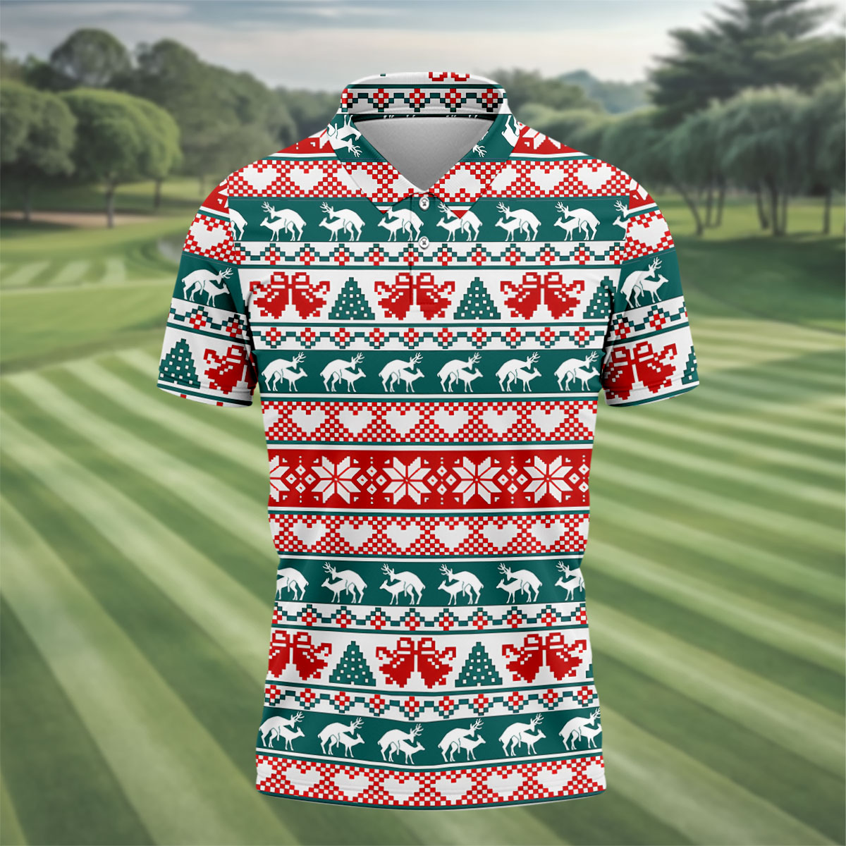 Christmas Reindeer Bells Snowflake Golf Polo Shirt, Mens Golf Shirts, Polo Shirts For Men