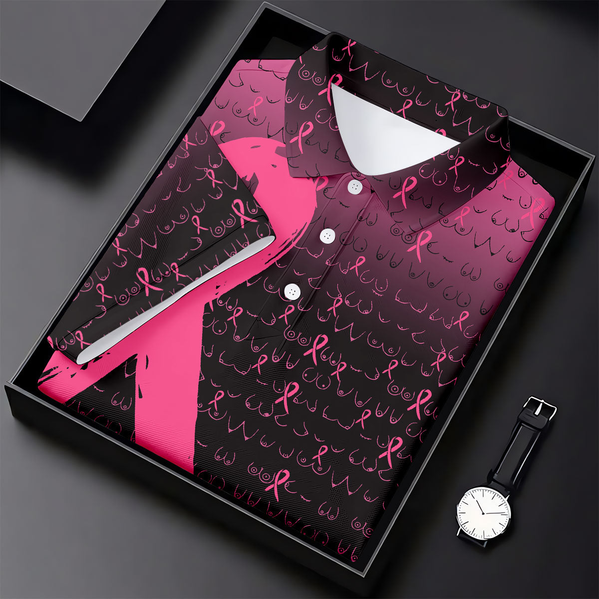 Pink Ribbon Boob Pattern Breast Cancer Polo Shirt, Ladies Golf Tops, Women’s Golf Polo