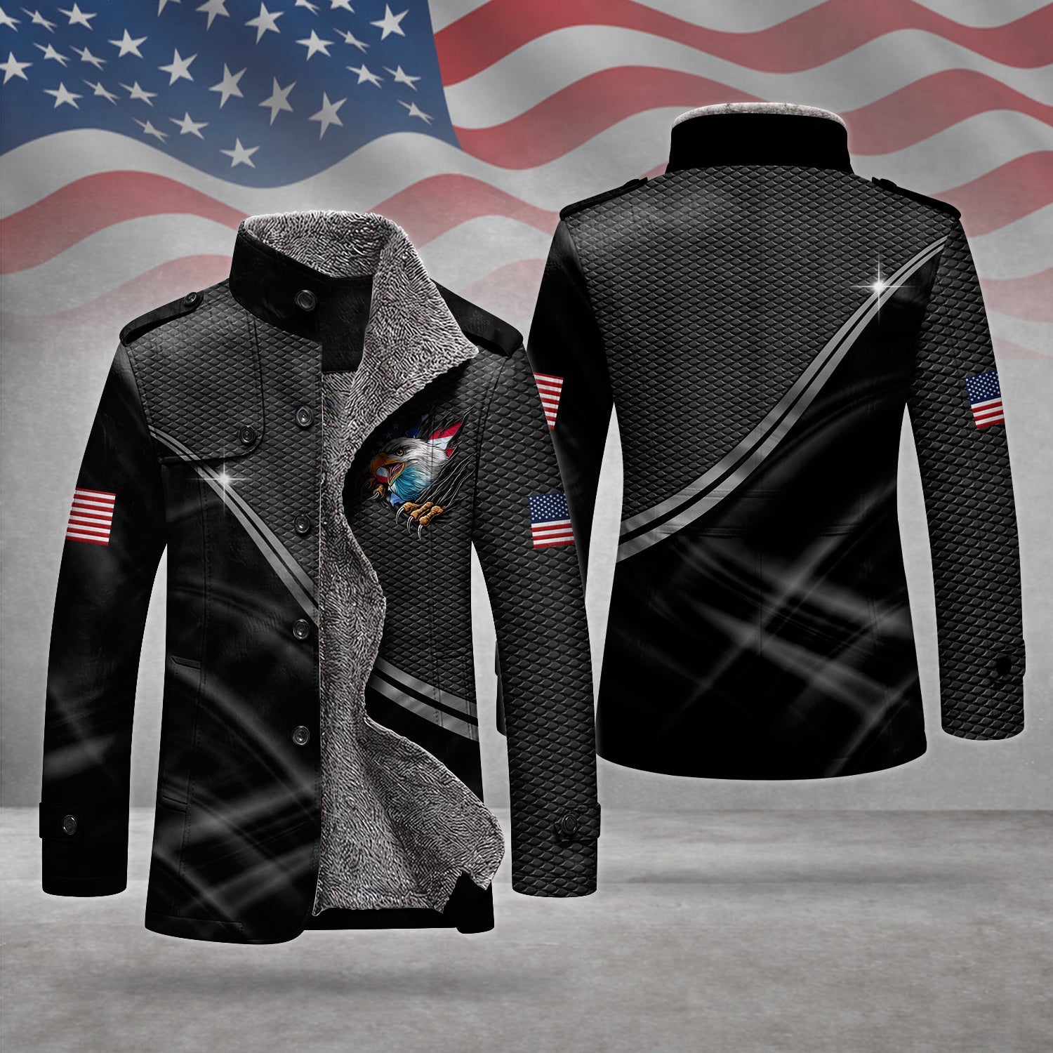 250 Years Bald Eagle And US Flag Men's Cold Premium Weather Jacket, Leather Trench Coat