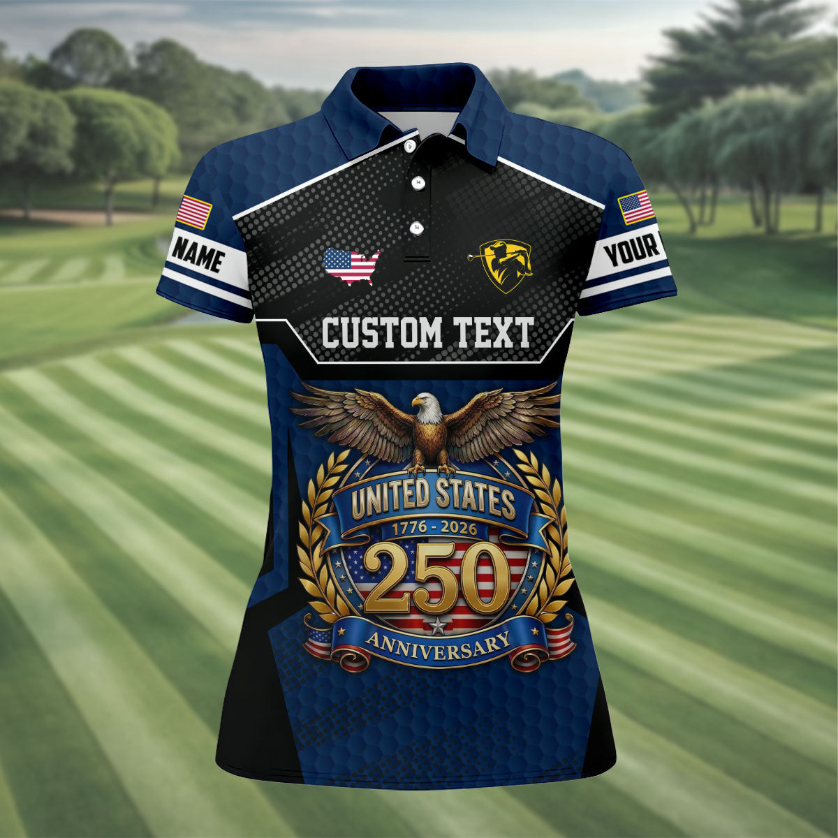 US 250 Anniversary Patriotic 4th Of July Navy Golf Shirt, Ladies Golf Shirts, Golf Shirt For Women