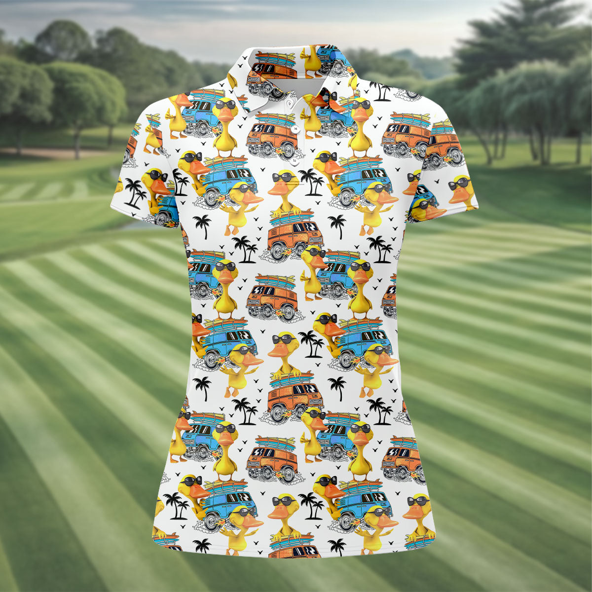 Cool Duck Surf Van Beach Golf Shirt, Women’s Golf Polo, Ladies Golf Tops, Printed Golf Shirt