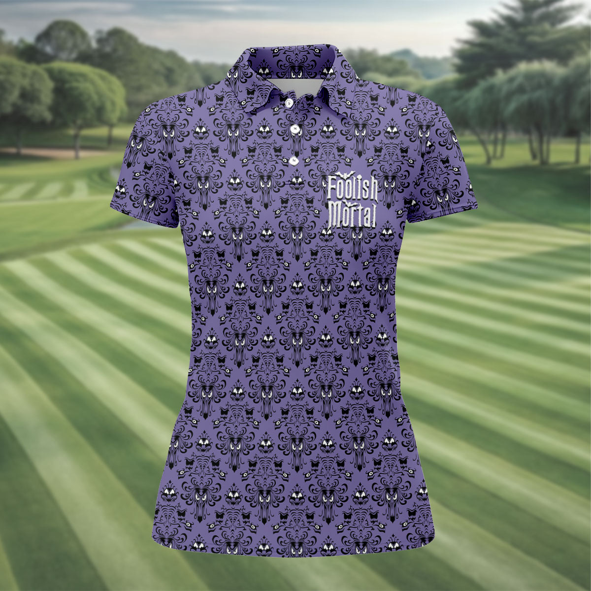 Foolish Mortal Haunted Pattern Golf Polo Shirt, Women's Golf Apparel, Halloween Shirt