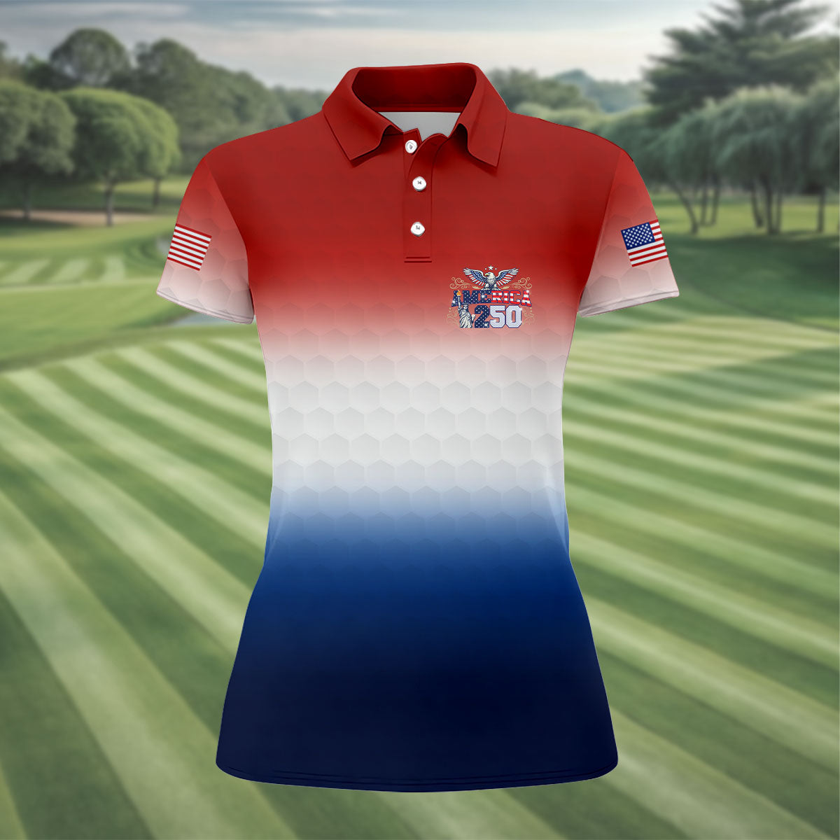 America 250 Red White Blue Golf Ball Pattern US Flag Golf Shirt, Patriotic 4th Of July Golf Shirt For Women