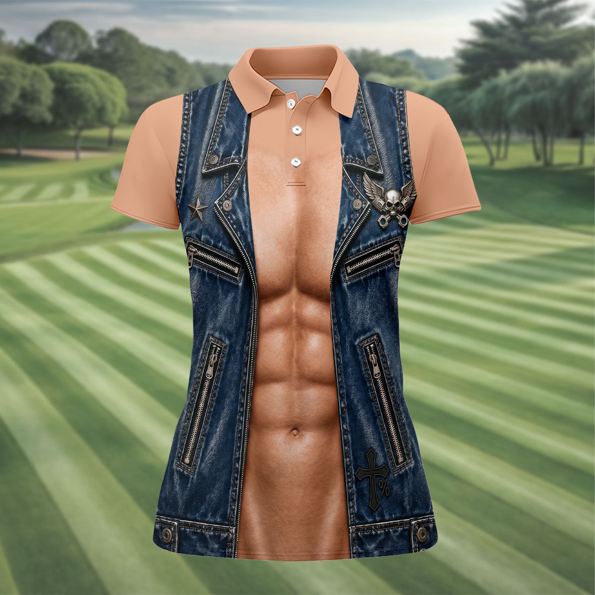 Blue Denim Vest Illusion Golf Polo Shirt, Ladies Golf Tops, Golf Polo For Women