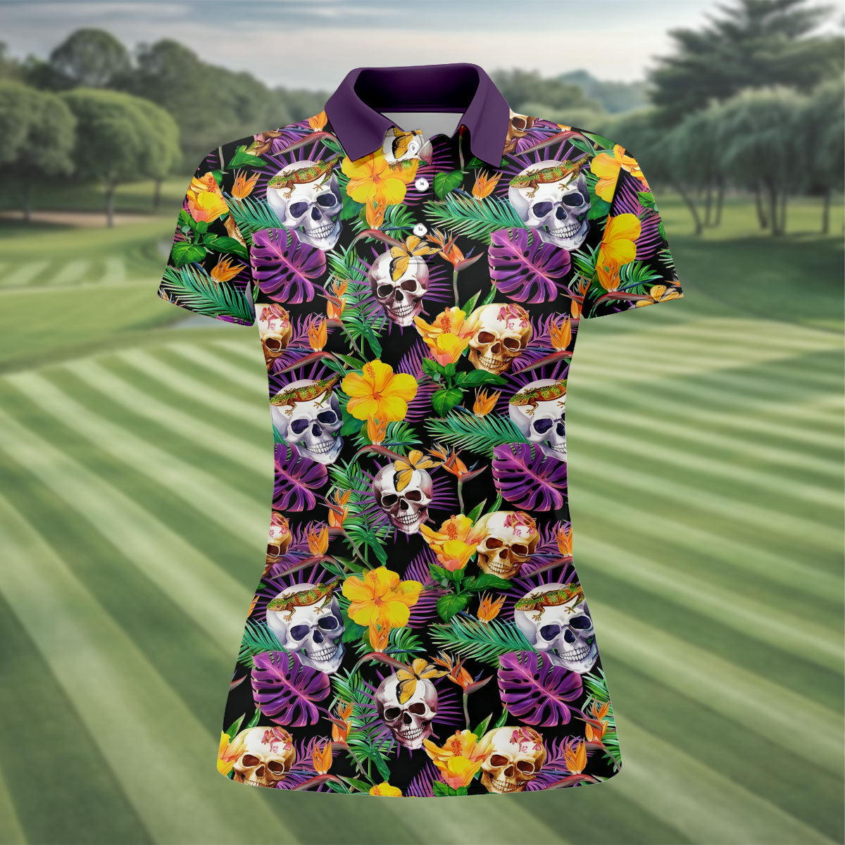 Tropical Sugar Skull Floral Golf Polo Shirt, Golf Tops For Women, Performance Golf Shirt