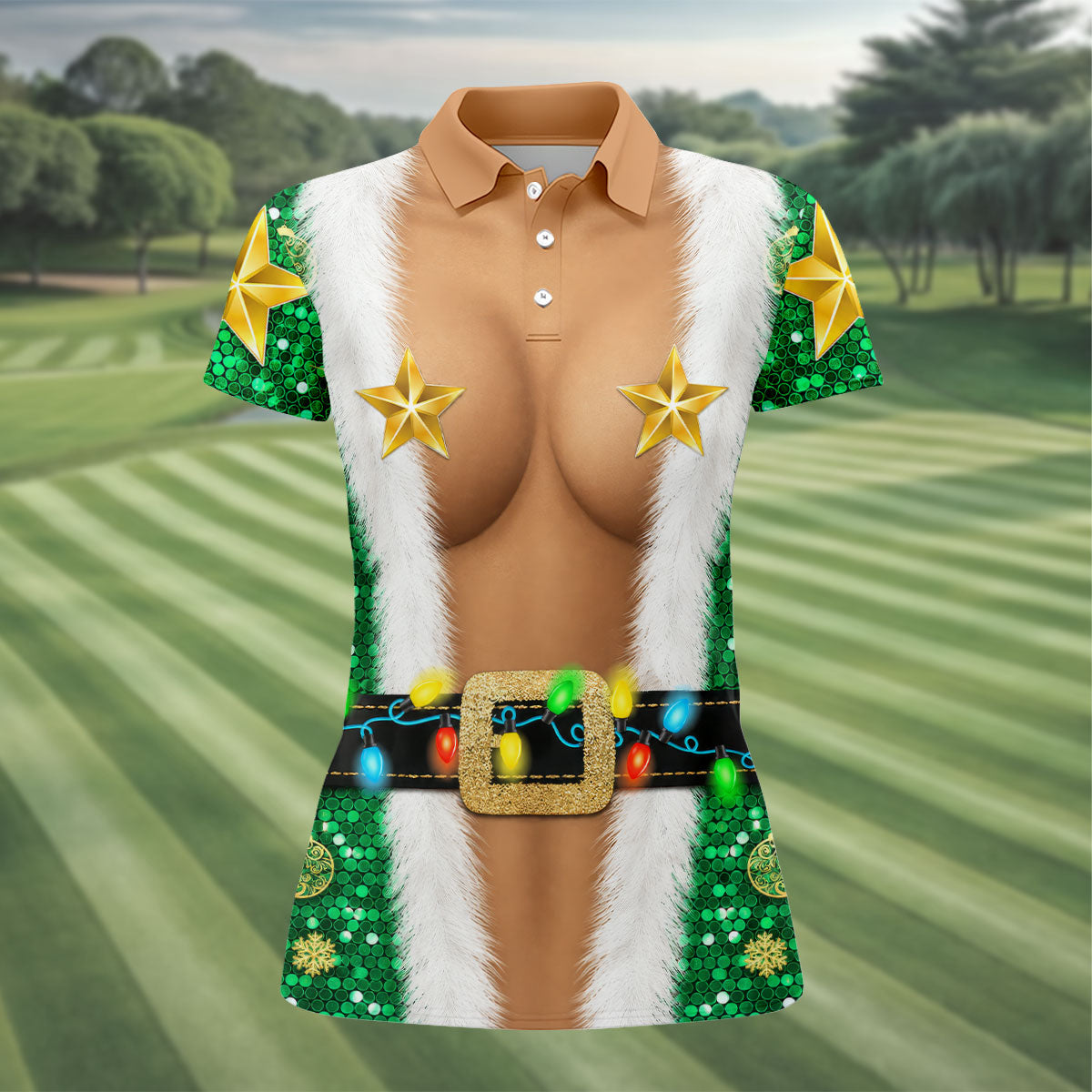 Green Santa Gold Stars Christmas Golf Polo Shirt, Ladies Golf Shirt, Women’s Golf Apparel