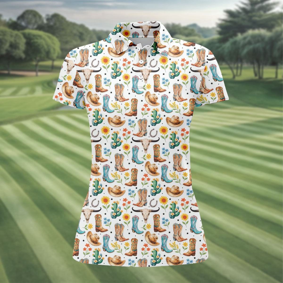 Western Cowboy Boots Floral Pattern Golf Shirt, Women’s Golf Apparel, Golf Shirts For Women