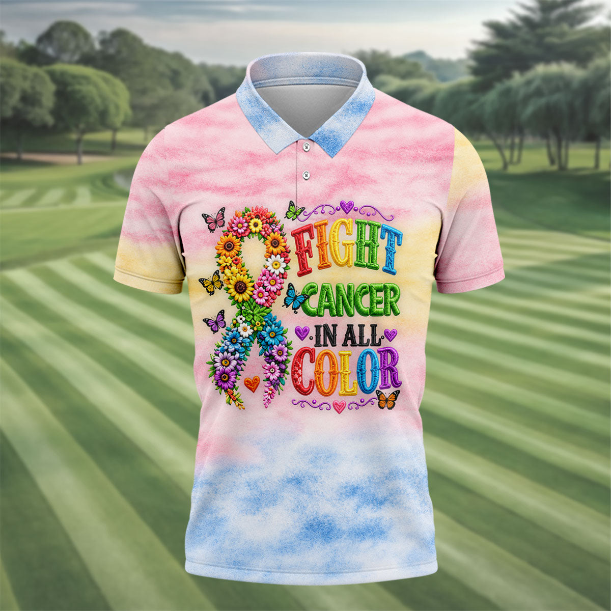 Fight Cancer In All Color Floral Ribbon Polo Shirt, Mens Golf Polo, Printed Golf Shirts