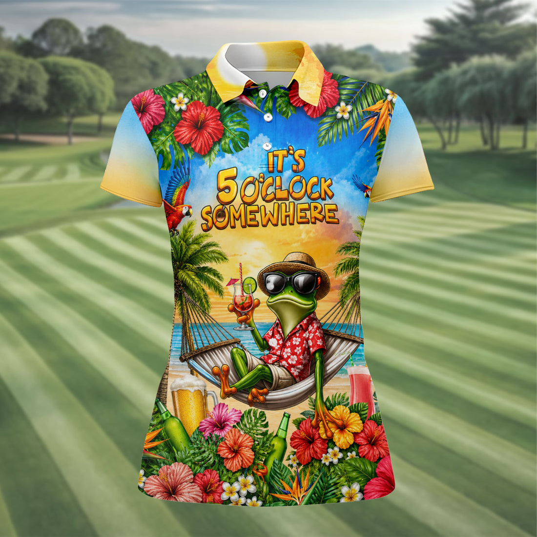 Funny Tropical Frog Drinking Hawaiian Golf Shirt, Golf Polo For Women, Printed Golf Shirt
